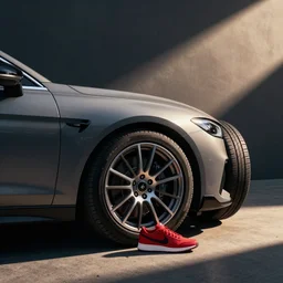 luxury cars with their tires replaced by red nike shoes