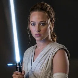 Jennifer Lawrence as Rey, holding a lightsaber, headshot, film still from 'Star Wars: The Last Jedi'