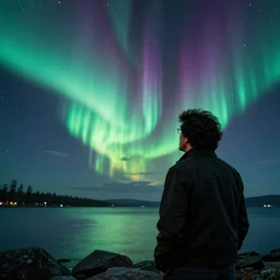 bob ross gazing at aurora borealis galaxies, masterpiece, 4 k, artstation