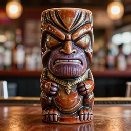 a closeup photorealistic photograph of a glossy thanos style tiki mug sitting at a trader vic's bar featuring the face of thanos. tiki party. bright scene. fine detail. this 4 k hd image is trending on artstation, featured on behance, well - rendered, extra crisp, features intricate detail, epic composition and the style of unreal engine.