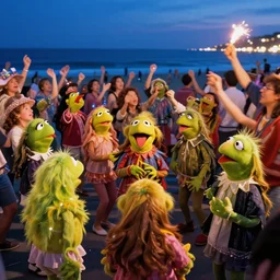 long exposure photography of a crowd of muppets having a crazy party at the beach,