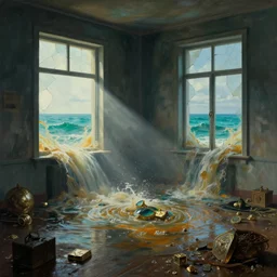 turbulent topaz sea, flooding through broken windows into a spacious, room filled with treasure, by dorothea tanning, dramatic, full - hd, crepuscular rays, moody, photo realistic,
