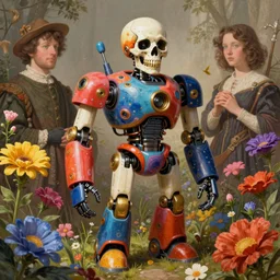 colorful robot t 8 0 0 skull with golden teeth, in flowers by rembrandt and lise deharme and artgerm, digital art, detailed masterpiece