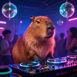 techno, synthwave, glow, disco, neon, party, capybaras