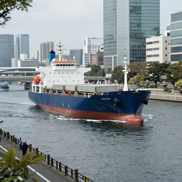 Cargo ship drifting in Tokyo streets. highly detailed. wide angle shot. depth of field. high definition. 8k. photography.