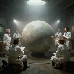 scientists examining a large floating perfectly spherical cube in a foggy bunker, flash photography, albert bierstadt, thomas cole, frederic edwin church