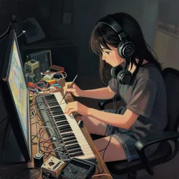 painting of girl producing music, anime, cluttered, electronics, wire, dark lighting