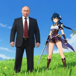 Image of handsome photorealistic Vladimir Putin and an anime swordfighter girl on a bright green grassy hill with a deep blue sky in Genshin Impact pixiv game art