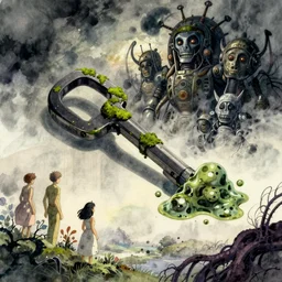 animation key shot of dark shadows, moss, slime, nausicaa, dark roots, machine gods!!!!!, studio ghibli, pixar and disney animation, sharp, disney concept art watercolor illustration by mandy jurgens and alphonse mucha and alena aenami, pastel color palette, darkness, foreboding, foggy
