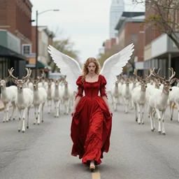 a ethereal angel like beautiful woman in a red victorian era dress, walks thru the deserted streets of downtown cleveland, a large herd of white tailed deer walk calmly thru the streets