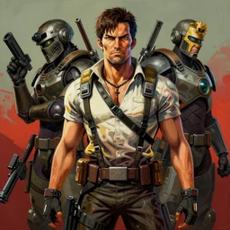 a beautiful painting of salvador from borderlands 2 by yoji shinkawa, metal gear solid, strong lines and bold colors, limited color palette, atmosphere and tension, japanese, trending on artstation