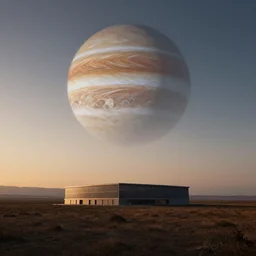 a serene landscape with a singular building at sunrise with a giant jupiter appearing in the sky, digital art, concept art, octane render, unreal engine 5, hyperrealistic, highly detailed, high quality, 4K, low contrast, soft lighting, path tracing, complementary colors, natural lighting, geometric