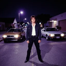 80s dressed Kurt Russel posing and in the background there two 80s sports cars parked on a deserted city street at night time, purple lighted street, wide angle, cinematic, retro-wave vibes, grainy, soft motion blur