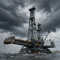 A giant Bucket-wheel Excavator in the midst of a hurricane, fantasy art