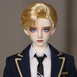 a handsome bjd doll of a prince, gold hair and blue eyes, hyper realistic, render by maya and octane