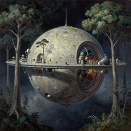 cinematic view of an orbital space habitat, trees, desaturated, psychedelic, tim hildebrandt, wayne barlowe, bruce pennington, donato giancola, larry elmore, oil on canvas, masterpiece, trending on artstation, featured on pixiv, cinematic composition, dramatic, beautiful lighting, sharp, details, hyper - detailed, hd, hdr, 4 k, 8 k