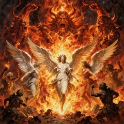 epic mythological painting about the birth of angels in the flames of hell, the vanquishing of a titan of fire with multiple screaming faces, world destruction, monster cosmic fight, chaoskampf, heat shimmer