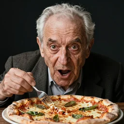 portrait photo of wrinkled old man who looks like italian pulcinella by maurice sand, gaping over a pizza margherita, defensive look, dramatic backlight, full body, sharp focus, highly detailed photo by eric lafforgue, masterpiece, trending on deviantart