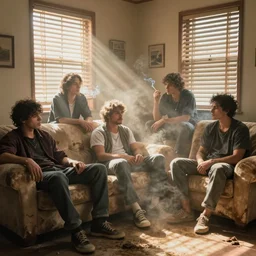 gang members chilling around dirty couch in a beige room smoking thick volumetric dust god rays shines through the blinds kinda atmosphere jonathan zawada style photography