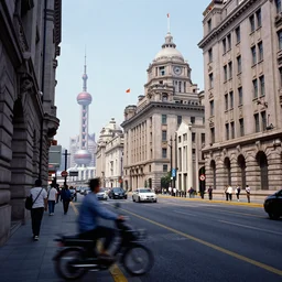 color photo of the streets of modern Shanghai with The Bund in the background, motion blur, by Ernst Haas