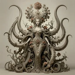 centered beautiful detailed front view portrait of a woman with ornate tentacles growing around, ornamentation, flowers, elegant, beautifully soft lit, full frame, by wayne barlowe, peter mohrbacher, kelly mckernan, h r giger