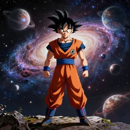 goku staring into space at galaxies and planets collide, animation style, high resolution