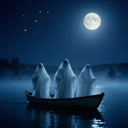 ghosts on boat on the middle of lake, fog, moon, horror, cinematic, night sky, yellow stars, deep blue mood, old photo, by stanley kubrick