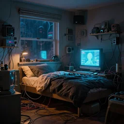 cozy 9 0 s bedroom retrofuturism, cluttered, wires everywhere, computer, window, at night, lit only by the luminescent computer screen, dramatic lighting, alien technology, detailed by simon stalenhag