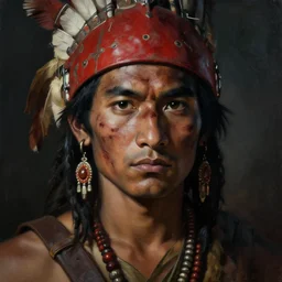 a young wounded indian warrior, close up, portrait, sinister atmospheric lighting. highly detailed painting by greg rutkowski, anime style
