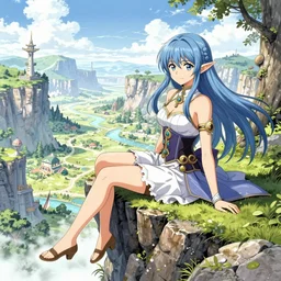 alluring highly detailed manga line art wide-angle portrait of (1) a beautiful high-elf girl sitting on the edge of a cliff overlooking a fantasy valley, very detailed, realistic
