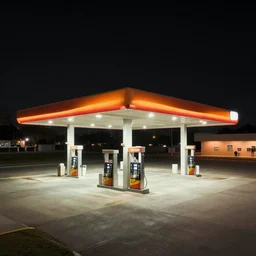 miami empty gas station background by simon stalenhag, orange sunset, sharp focus, digital art, 4 k, octane, high contrast, drone view, black sky with stars