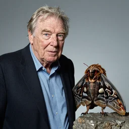 Sir David Attenborough next to a small Mothman