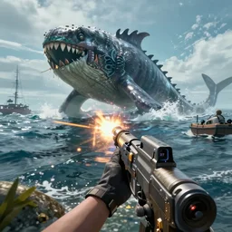 an fps game scene of shooting at a sea monster realistic graphic firstperson shooter game, realistic, ultra setting, highly detailed, fps game, game of the year, raytracing on, rtx 3 0 9 0 ti, gta v, death stranding game