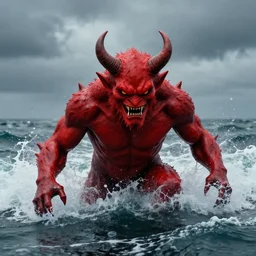 a devilish red monster with horns emerging from boiling rough seas, photo by david lachapelle, s - 5 0