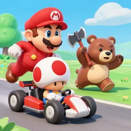 Toad (from MarioKart) chasing a bear with an axe