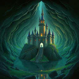 stylized digital illustration of a subterranean magic castle surrounded by a moat, by john berkey, disney animated film key art