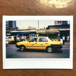 old polaroids of futuristic african mobile market places in lagos traffic, side of taxi as fruit stand