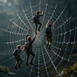 Shrunk down human adventurers climbing on a spiders web, dewdrops, macro, dramatic lighting, cinematic, establishing shot, extremely high detail, foto realistic, cinematic lighting, post processed, concept art, high details, cinematic, 8k resolution, beautiful detailed, photorealistic, digital painting, artstation, concept art, smooth, sharp focus, artstation trending, octane render, unreal engine