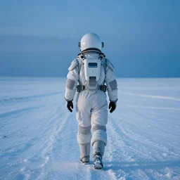 a photograph of one explorer wearing a white futuristic suit with helmet from behind, walking in a vast and empty landscape of white soil and ice. blue hour. nolan style. cinematic shot. cinematography detailed. hq. in - frame. imax. anamorphic film. anamorphic bokeh!!!. helios 4 4 m.