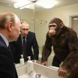 ultra wide angle photo of vladimir putin, looking at himself in a bathroom mirror and seeing his reflection as a hairy australopithecines like ape version of himself