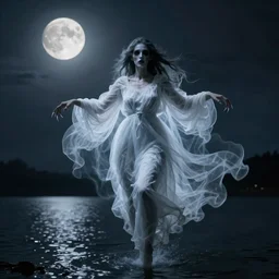 style of David Kassan photorealism:: female ghost with white dress and long nails floating over a lake:: ghastly face:: night time, dark, full moon, scary terrifying horror