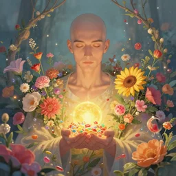 balded man, flowers, candies, serene, divine, magical, artstation