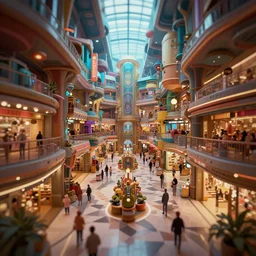 steampunk mall interior, colorful, contrast, depth of field, 3 d scene, render, greg rutkowski, zabrocki, karlkka, jayison devadas, trending on artstation, 8 k, ultra wide angle, zenith view, pincushion lens effect