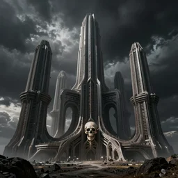 dark moody landscape, abandoned alien megastructure designed by hr giger, towering skeletal temple skyscrapers, complex parametric architecture, peter gric, zaha hadid, post industrial, beksinski, kubrick, black clouds,