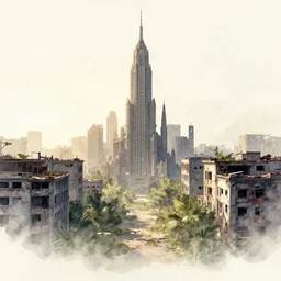 incredible movie poster, simple watercolor, harsh bloom lighting, rim light, abandoned city, paper texture, movie scene, distant shot of astronaut, yellow grafiiti in deserted dusty shinjuku junk town, yellow awning, old pawn shop, bright sun bleached ground