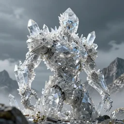 a titan constructed from transparent crystals, high in the mountains, greg rutkowski, 8 k, shallow depth of field, intricate detail, concept art,