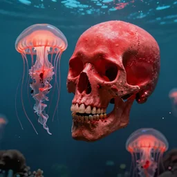 a glowing red skull in the sea caught by a jellyfish by josan gonzalez and dan mumford and albrecht anker and miho hirano and ross tran and chiho aoshima, highly detailed, high contrast, pop art, comic shading