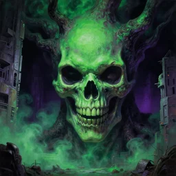 a close - up view portrait of a giant tree monster liminal, brutalist dock halls with green alien fog, close - up view, detailed textures. glowing green purple fog, dark black background. murder poison skull face, highly detailed fantasy science fiction painting by moebius, norman rockwell, frank frazetta, and syd mead. rich colors, high contrast