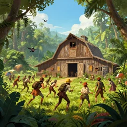 wide shot of amish raiding a barn in the jungle, concept art from the game borderlands, drawn by rembrandt and alphonse mucha, lush greens, birds flying, volumetric lighting, 8 k, trending on artstation, bright blue sky, highly detailed, professional digital painting, epic, cinematic