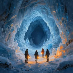 three people exploring an open mysterious underground wintry crystalline glowing ice cave with warm lanterns, blue and orange tones, fantasy, concept art, amazing painting
